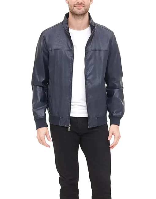 mens-navy-blue-faux-leather-bomber-jacket