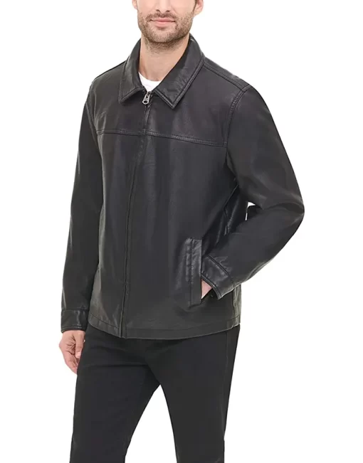 mens-shirt-collar-black-faux-leather-jacket