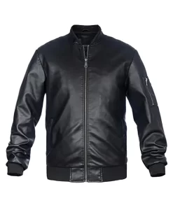 mens-simple-look-black-faux-leather-bomber-jacket