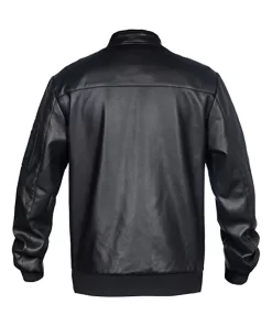 mens-simple-look-black-faux-leather-bomber-jacket