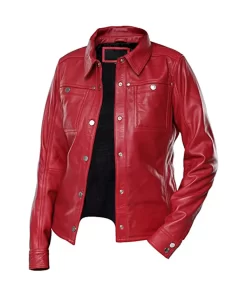 womens-button-front-shirt-collar-red-faux-leather-jacket