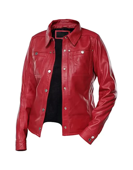 womens-button-front-shirt-collar-red-faux-leather-jacket