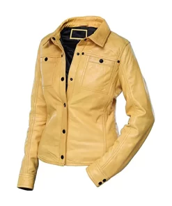 womens-button-front-shirt-collar-yellow-faux-leather-jacket