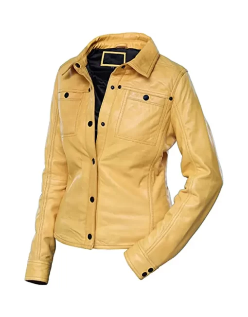 womens-button-front-shirt-collar-yellow-faux-leather-jacket