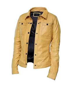 womens-button-front-shirt-collar-yellow-faux-leather-jacket