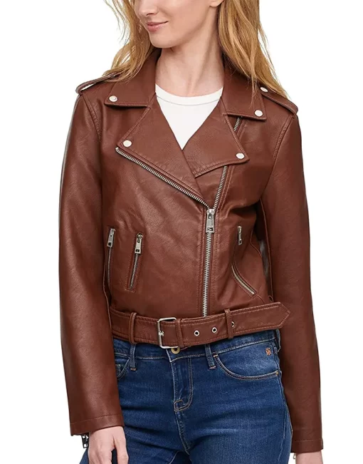 womens-dark-brown-faux-leather-motorcycle-belted-jacket