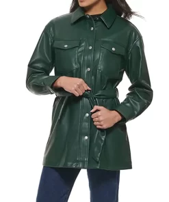 womens-green-faux-leather-belted-shirt-jacket