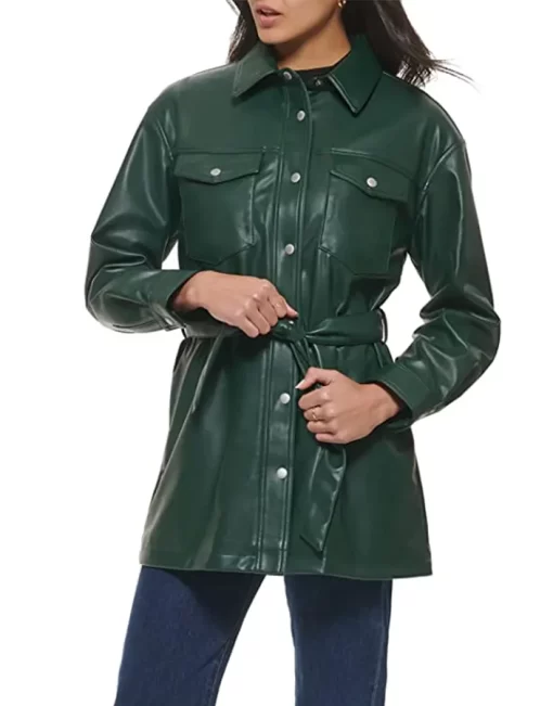 womens-green-faux-leather-belted-shirt-jacket