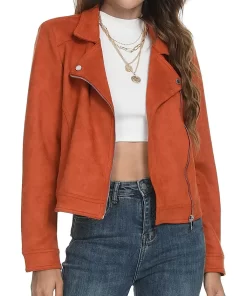 womens-lapel-collar-orange-faux-leather-jacket