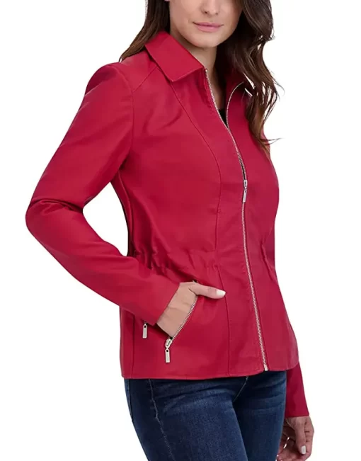 womens-red-faux-leather-shirt-collar-biker-jacket