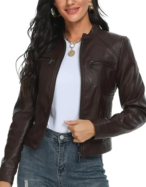 womens-stand-collar-coffee-brown-faux-leather-jacket