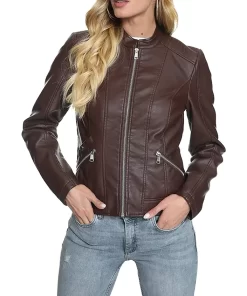 womens-stand-collar-dark-brown-faux-leather-jacket