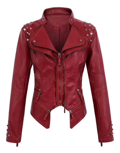 womens-studded-maroon-faux-leather-biker-jacket