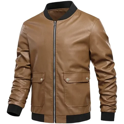 mens-cargo-pockets-brown-faux-leather-bomber-jacket