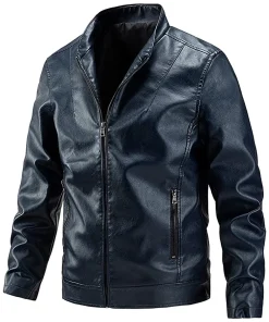 mens-stand-collar-zipper-down-blue-faux-leather-jacket