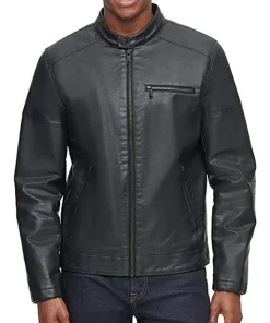 mens-banded-collar-black-faux-leather-racer-jacket