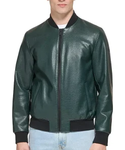 mens-faux-leather-dark-green-varsity-bomber-jacket