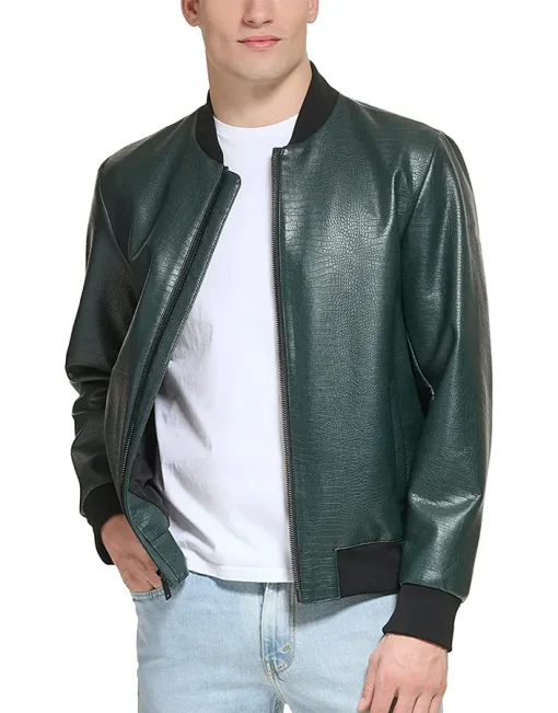 mens-faux-leather-dark-green-varsity-bomber-jacket