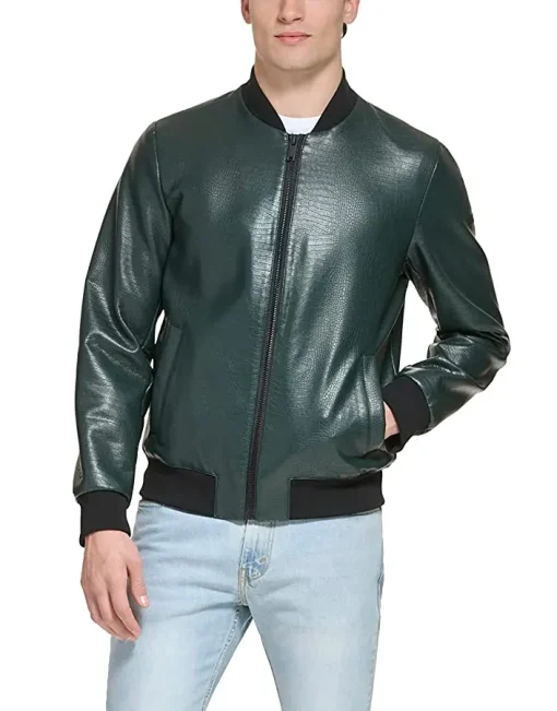 mens-faux-leather-dark-green-varsity-bomber-jacket