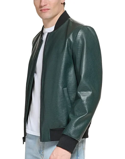 mens-faux-leather-dark-green-varsity-bomber-jacket