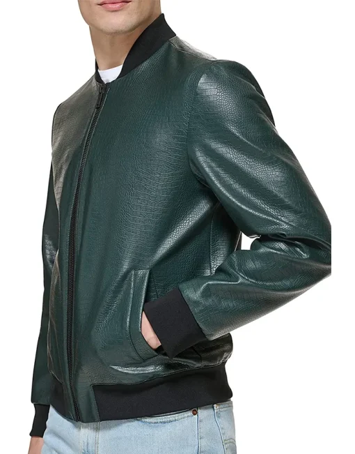 mens-faux-leather-dark-green-varsity-bomber-jacket