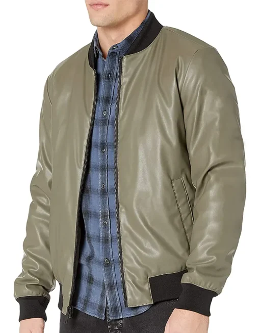 mens-faux-leather-olive-green-bomber-jacket