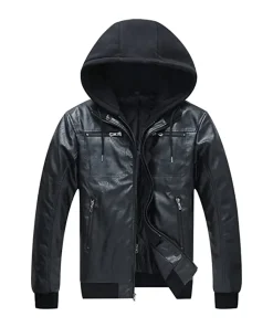 mens-full-zip-black-faux-leather-hooded-biker-jacket