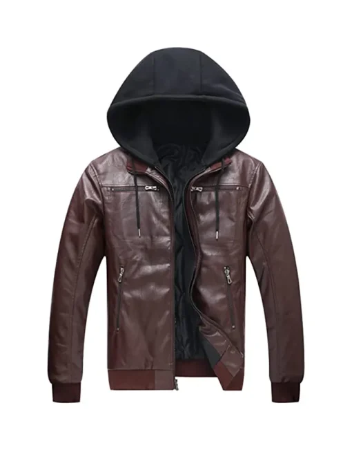 mens-full-zip-coffee-brown-faux-leather-hooded-biker-jacket