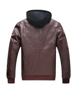 mens-full-zip-coffee-brown-faux-leather-hooded-biker-jacket