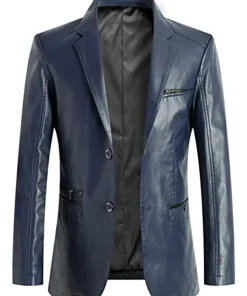 mens-notched-collar-navy-blue-faux-leather-blazer