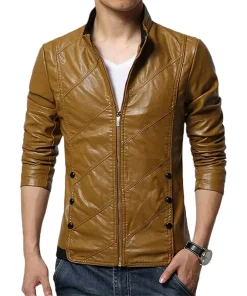 mens-slim-fit-stand-collar-brown-faux-leather-jacket