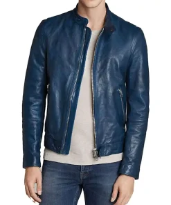 mens-snap-button-collar-blue-faux-leather-jacket