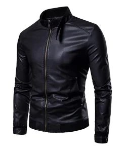 mens-stand-collar-black-faux-leather-bomber-jacket