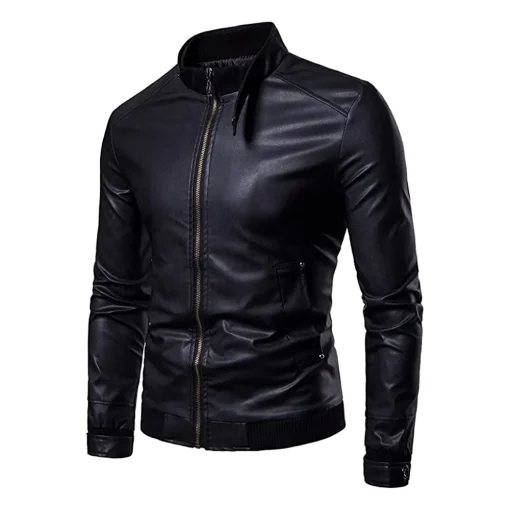 mens-stand-collar-black-faux-leather-bomber-jacket