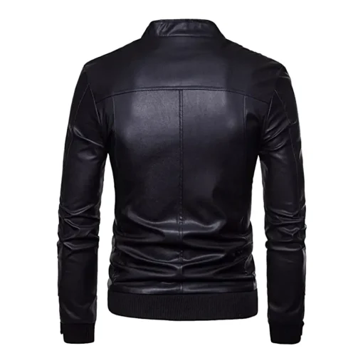 mens-stand-collar-black-faux-leather-bomber-jacket