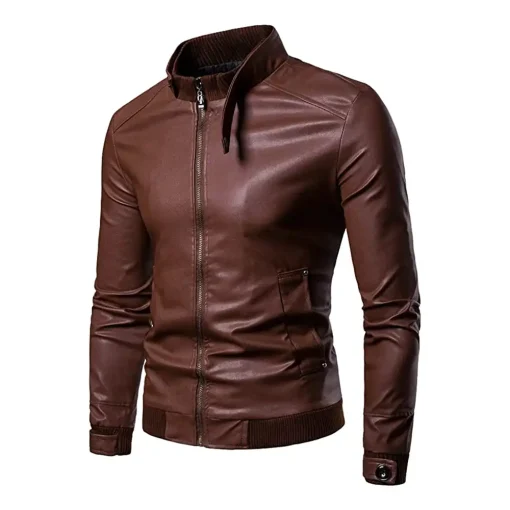 mens-stand-collar-brown-faux-leather-bomber-jacket