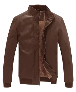 mens-stand-collar-fleece-lined-brown-faux-leather-bomber-jacket