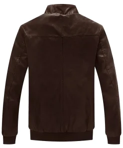 mens-stand-collar-fleece-lined-faux-leather-brown-bomber-jacket