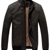 mens-stand-collar-fleece-lined-faux-leather-dark-brown-bomber-jacket
