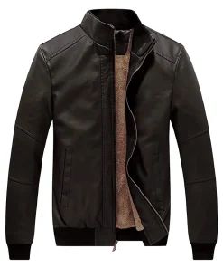 mens-stand-collar-fleece-lined-faux-leather-dark-brown-bomber-jacket