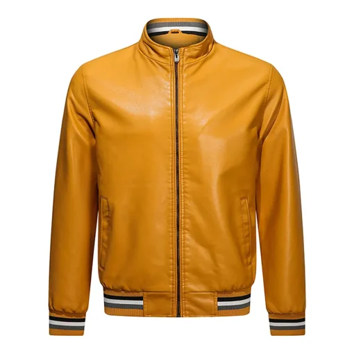 mens-yellow-faux-leather-bomber-jacket