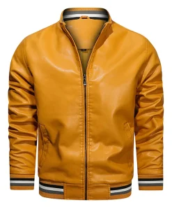 mens-yellow-faux-leather-bomber-jacket