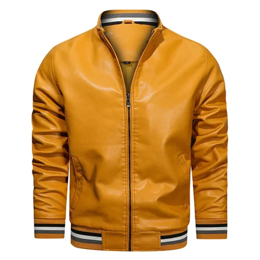 mens-yellow-faux-leather-bomber-jacket