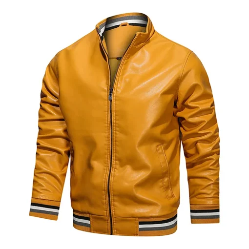 mens-yellow-faux-leather-bomber-jacket