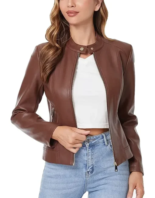 womens-brown-faux-leather-zip-up-slim-fit-jacket