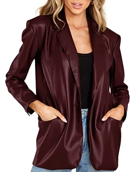 womens-button-down-burgundy-faux-leather-blazer