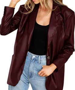 womens-button-down-burgundy-faux-leather-blazer