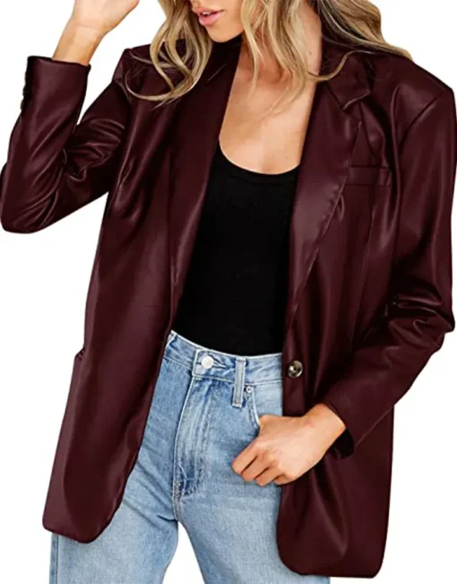 womens-button-down-burgundy-faux-leather-blazer