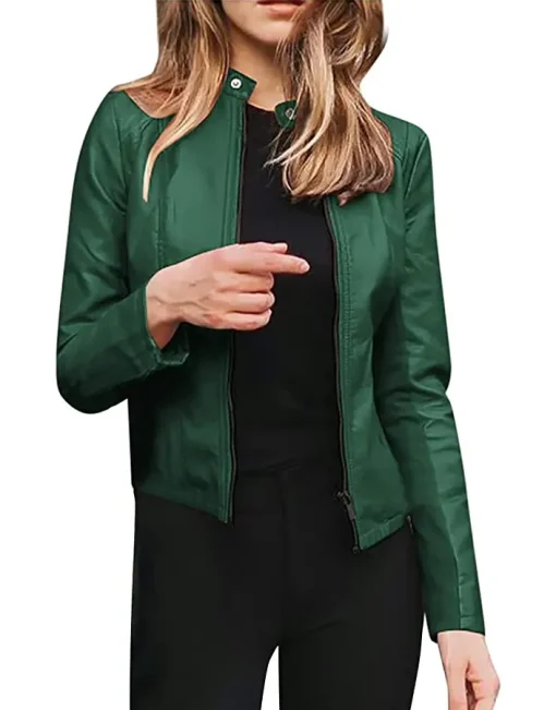 womens-casual-slim-fit-dark-green-faux-leather-biker-jacket