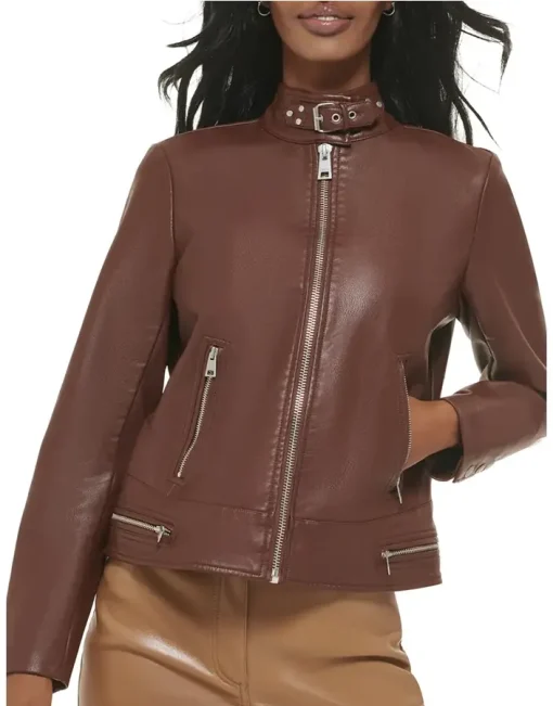 womens-chocolate-brown-faux-leather-racer-jacket